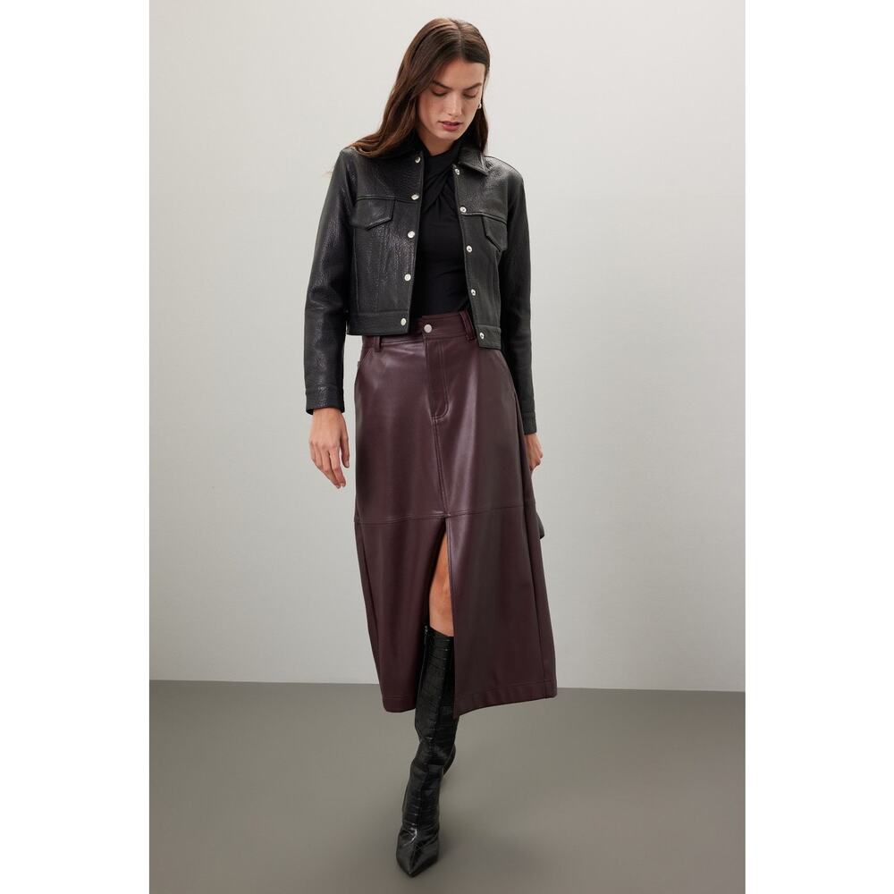 RTR Saunders Brown Faux Leather Slit Midi Skirt Size 14 - Picture 2 of 8
